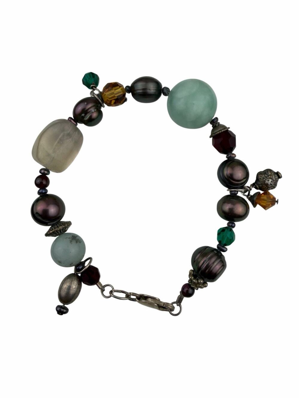 Real Pearl, Gemstone & Glass Sterling Silver Bracelet 7.25" Dangles